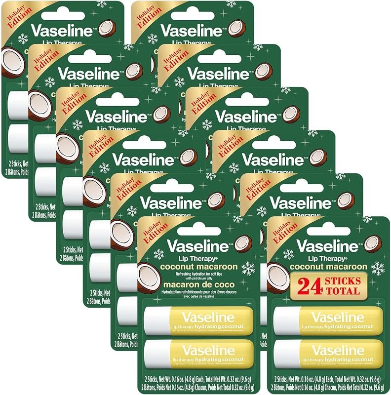 Vaseline Lip Therapy Coconut Macaron Lip Balm Bulk, 12 Twin Packs (24 Sticks) + Lip Protectant, Stocking Stuffers