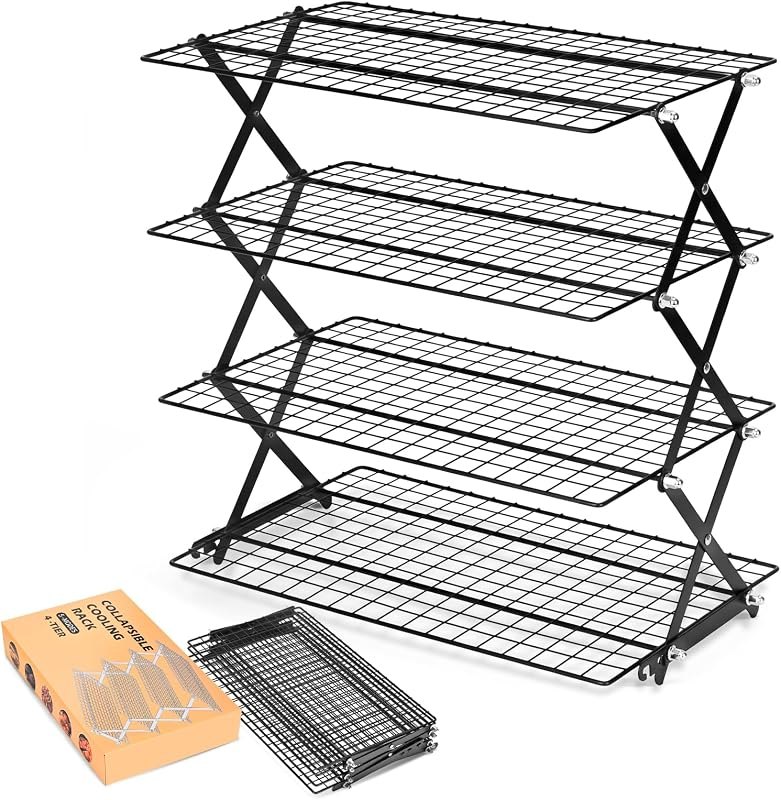 4-Tier Collapsible Cooling Rack with Adjustable 3 Setting Design Cooling Racks for Cooking and Baking Stackable