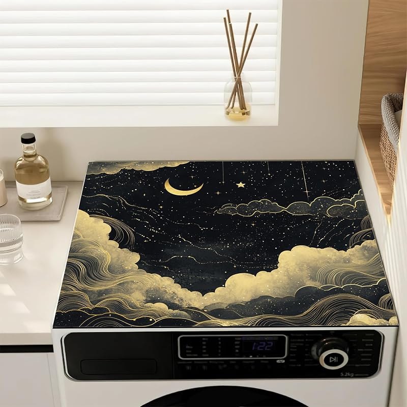 Black Gold Celestial Washing Machine Dust Cover Pad, Non-slip Washer and Dryer Covers for The Top,Dryer Topper