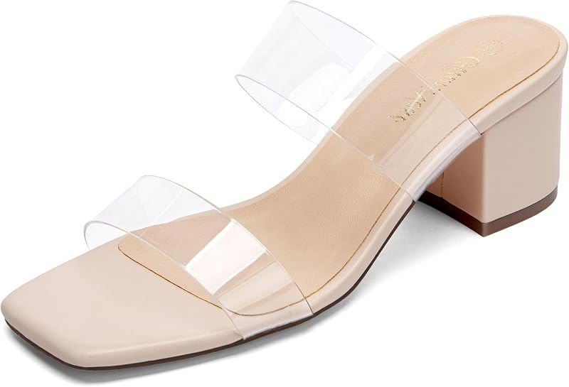 Women's Two Strap Heeled Sandals Square Open Toe 2 Inch Low Chunky Block Heels Slip On Dressy Slides Comfortable