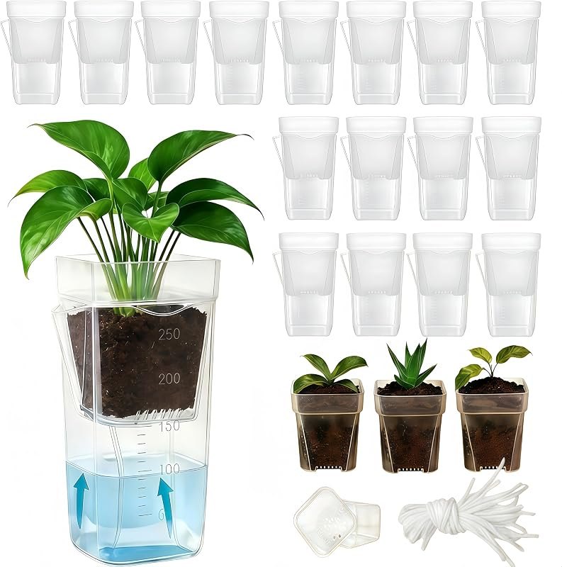 16 Pack 2.5" Medium Self Watering Pots for Indoor Plants, Small Clear Plastic Planters,Self Watering Planters Garden