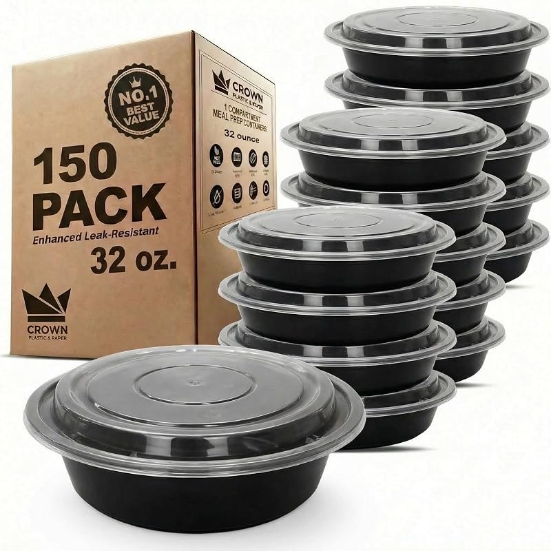 32oz Black Round Meal Prep Containers with Lids - Microwave-Safe Plastic Containers for Catering & Takeout Services -