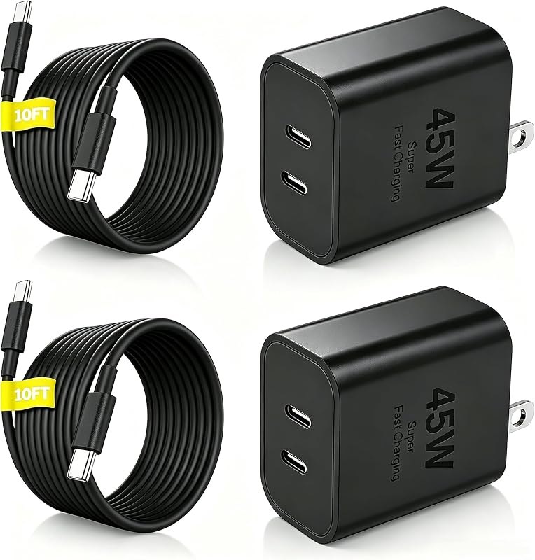 45W Dual Super Fast Charging Block and Long USB C to C Cable 10ft,Type C Wall Plug and Android Phone Charger Cord for