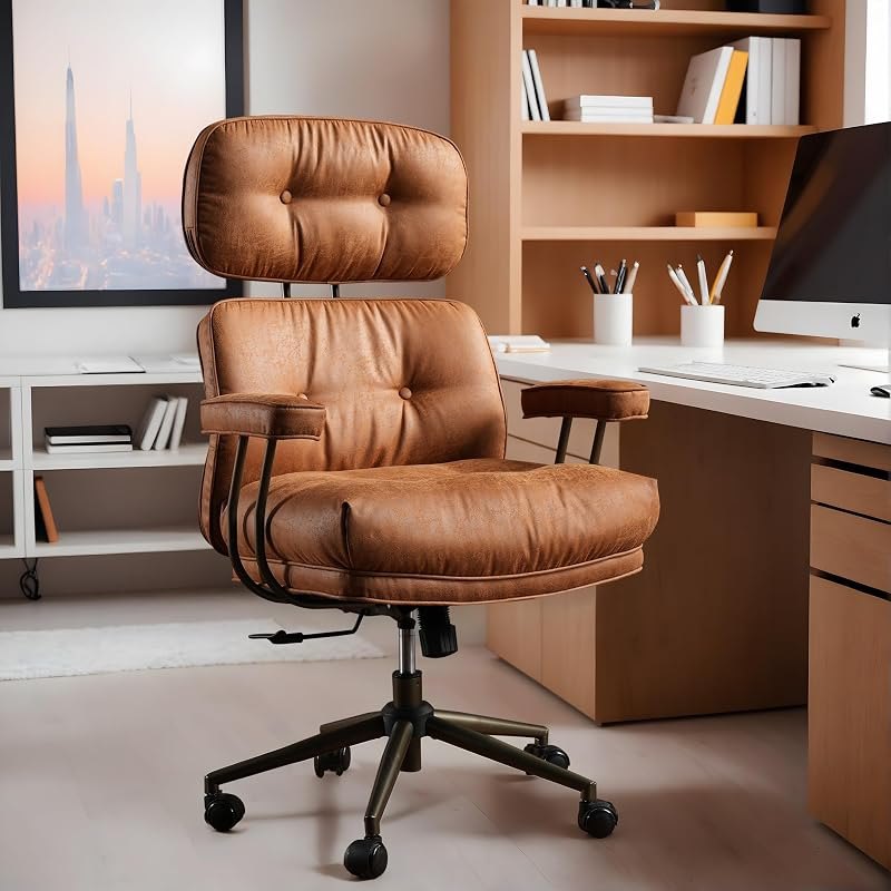 Brown Leather Home Office Chair, Ergonomic High Back Executive Chair with Deep Seat Thick Cushion, Mid Century Modern