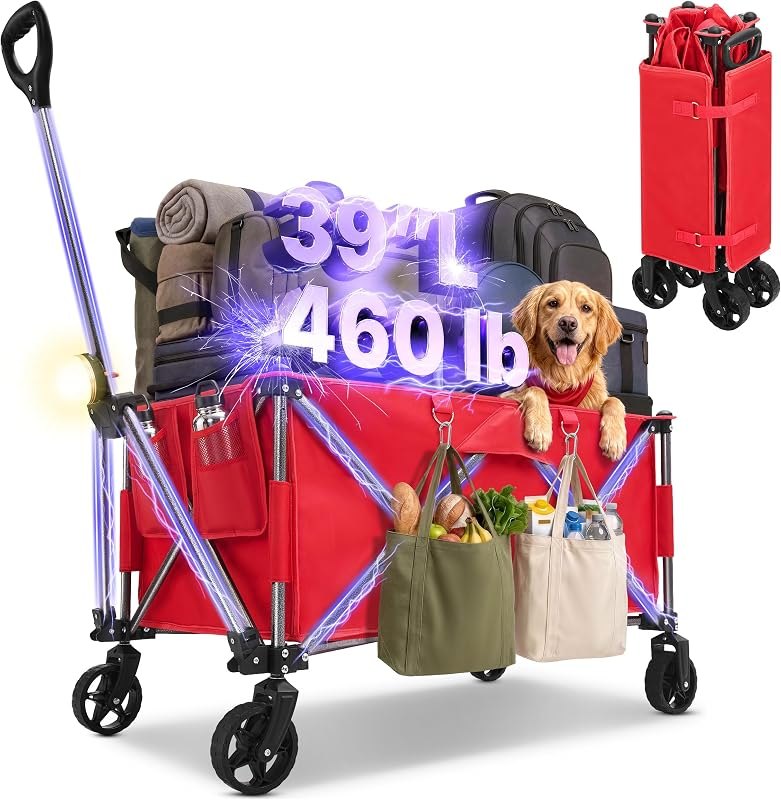 39" L Collapsible Wagon with All-Terrain Wheels, 460 lbs Foldable Cart with Detachable Flashlight, Pockets & Flexible
