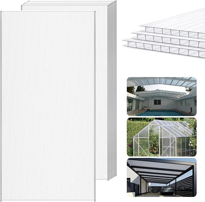 6 Pcs Polycarbonate Greenhouse Panels,4' x 2' x 0.16'' Twin-Wall Plastic roof Panels,Waterproof UV Protected Clear