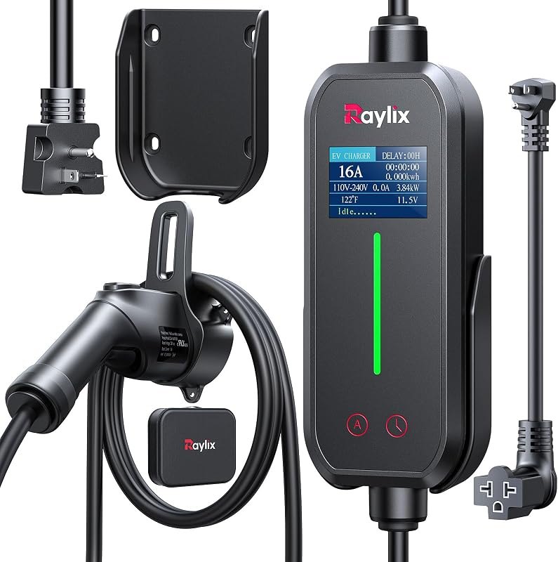 Raylix 16A Level 1&2 EV Charger with Holder, 110V-240V J1772 Charger with 21ft Cable [Adjustable Current &Delay