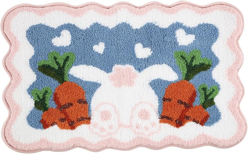 Moutina Bunny Easter Bathroom Rug 16x24 Inch, Spring Soft and Absorbent Tufted Easter Scalloped Bath Mat Non Slip