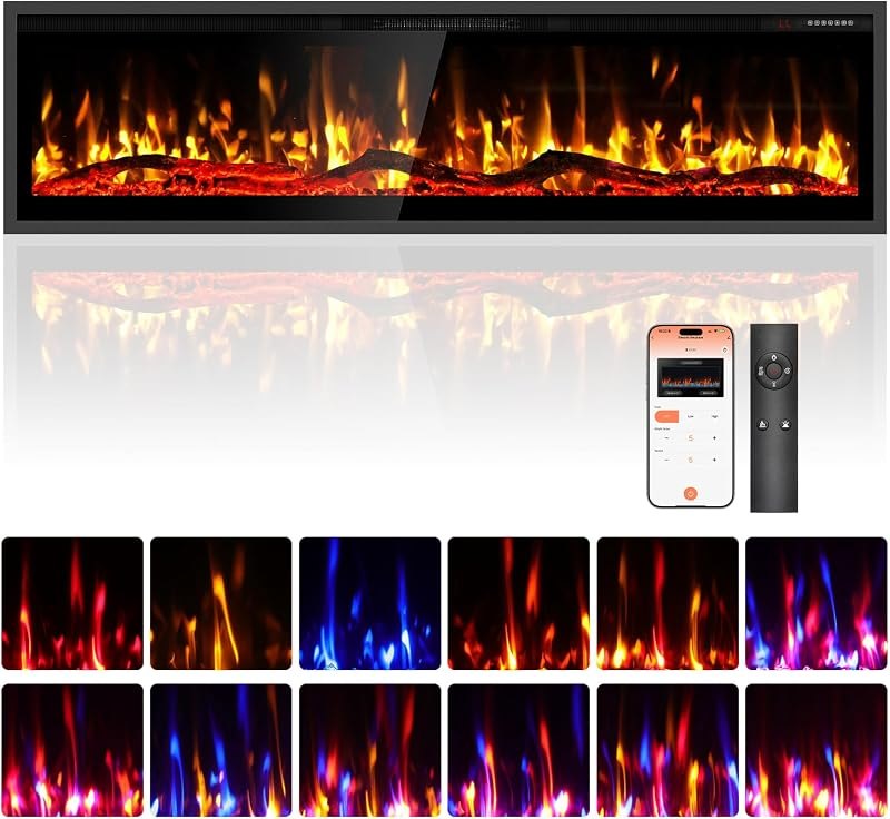 Electric Fireplace 60" Smart WiFi Fire Place Wall Recessed — electric fireplace insert for electric fireplace insert