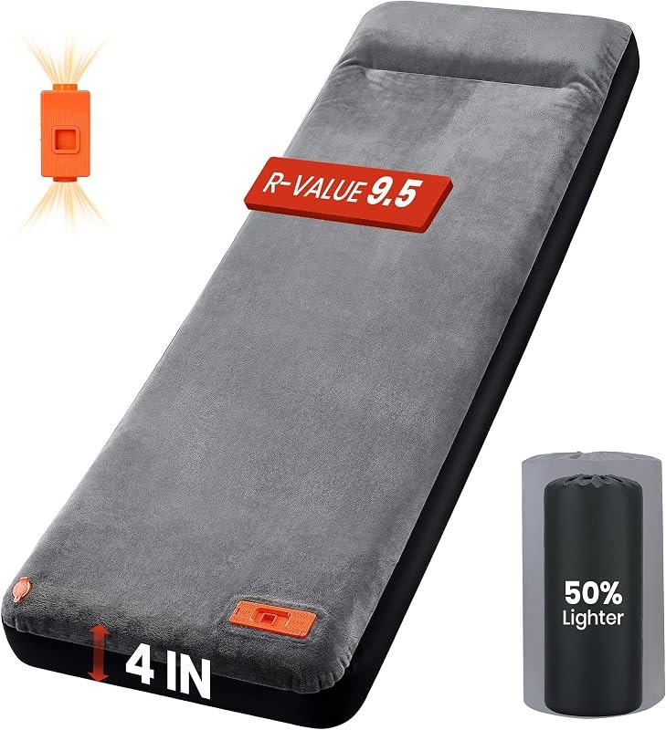 Self Inflating Sleeping Pad with Electric Pump, 4" Ultra-Thick Foam Sleeping Mats for Camping with Built-in Pillow