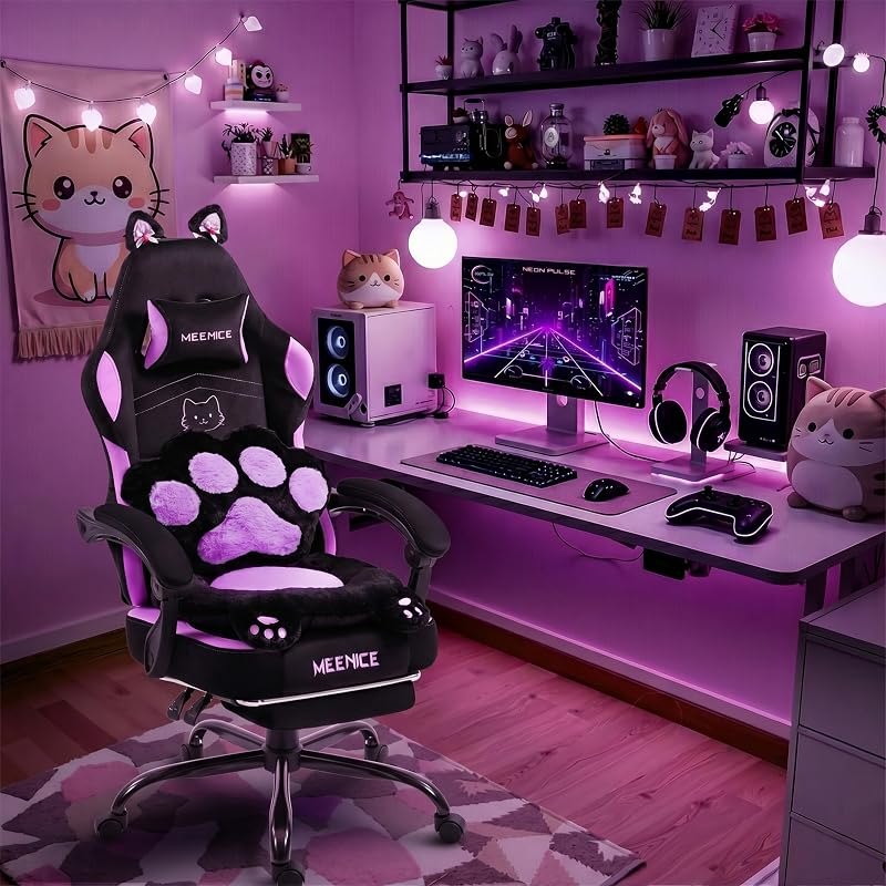 Pink Gaming Chair Cute with Cat Ears Paw Lumbar and Cushion,Ergonomic Computer Chair with Footrest,Reclining PC Game