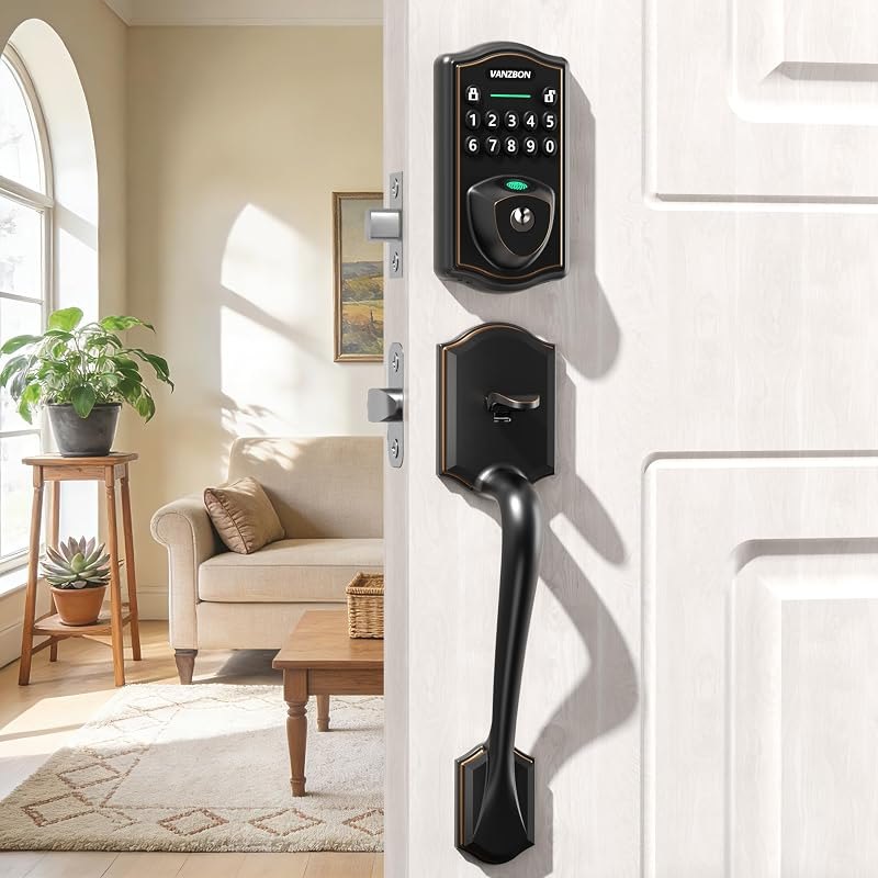 Smart Door Lock Deadbolt with Handle Set, Keyless Entry Door Lock Set — lever handle smart lock for lever handle smart