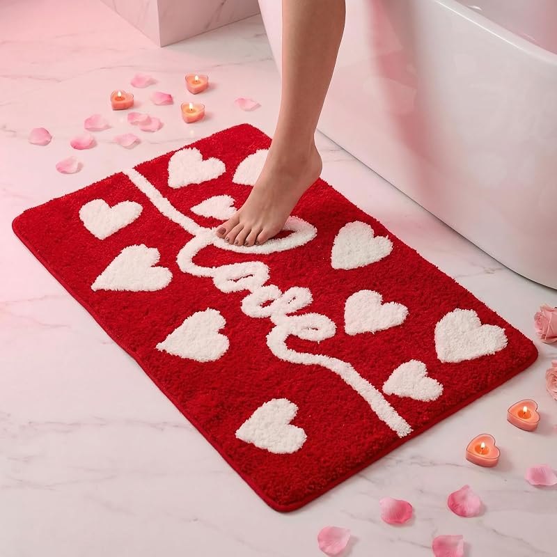 Valentine's Day Heart Bath Mat,Red and White Heart Shaped Bathroom Rug,Non-Slip Absorbent Soft Bath Mat for