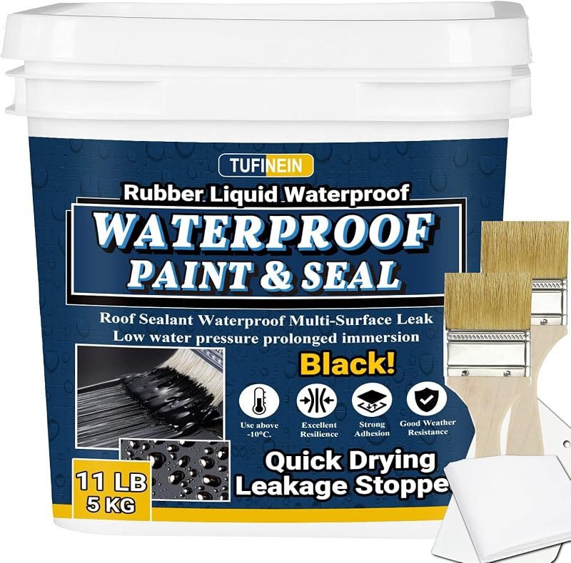 Rubber Liquid Waterproof Sealant, TUFINEIN 11 LB/5 KG Black Quick Drying Multi Surface Foundation Leak Repair - Roof