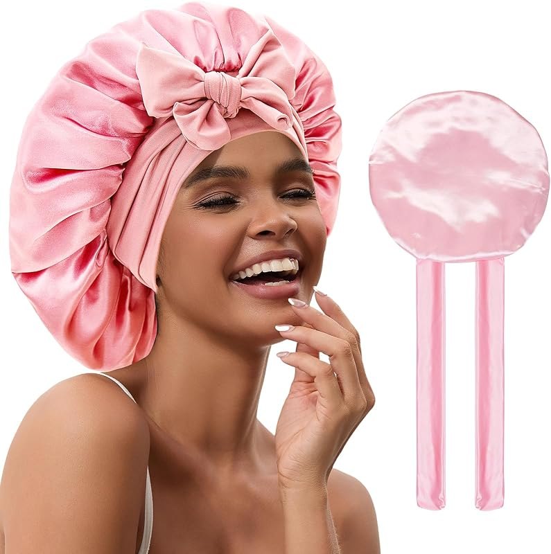 Satin Hair Bonnet for Sleeping Women, Double Layer Silk Bonnets for Women with Tie Band, for Braids Curly Long Hair —