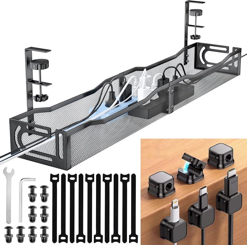 Cable Management Under Desk, 25.3'' No Drill Desk Cable Management Tray with Clamp, Metal Cord Organizer for Standing