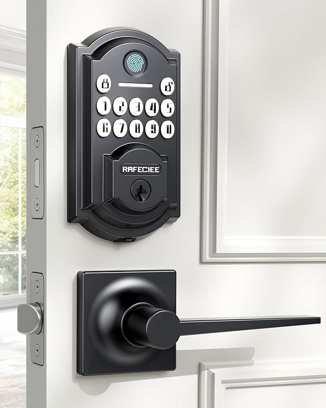 Front Door Lock Set Keyless Entry with 2 Lever Handles, Keyless Entry Door Lock Deadbolt with Handle Set, Fingerprint