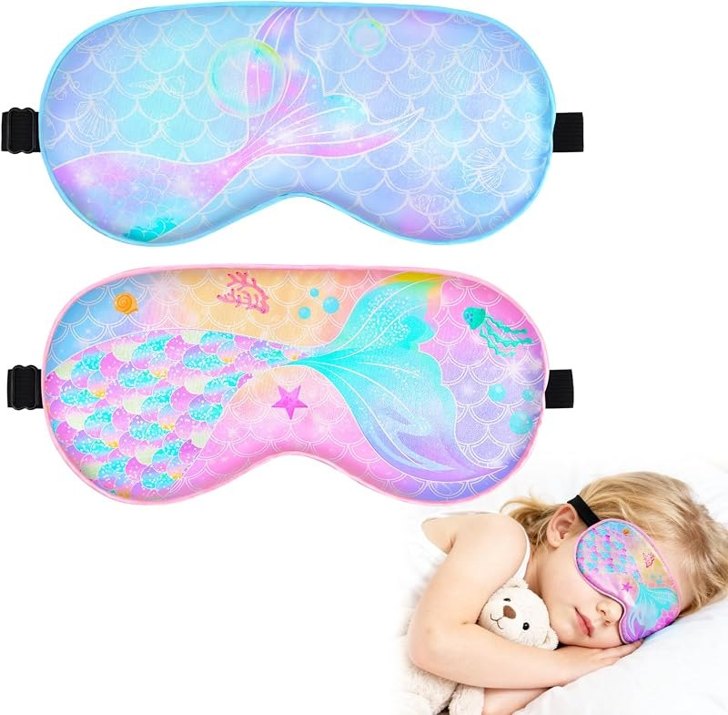 OlyPegic 2 Pcs Kids Sleep Mask Girls Silk Eye Mask Sleeping with Adjustable Strap Soft Lightweight Kids Eye Cover Mask