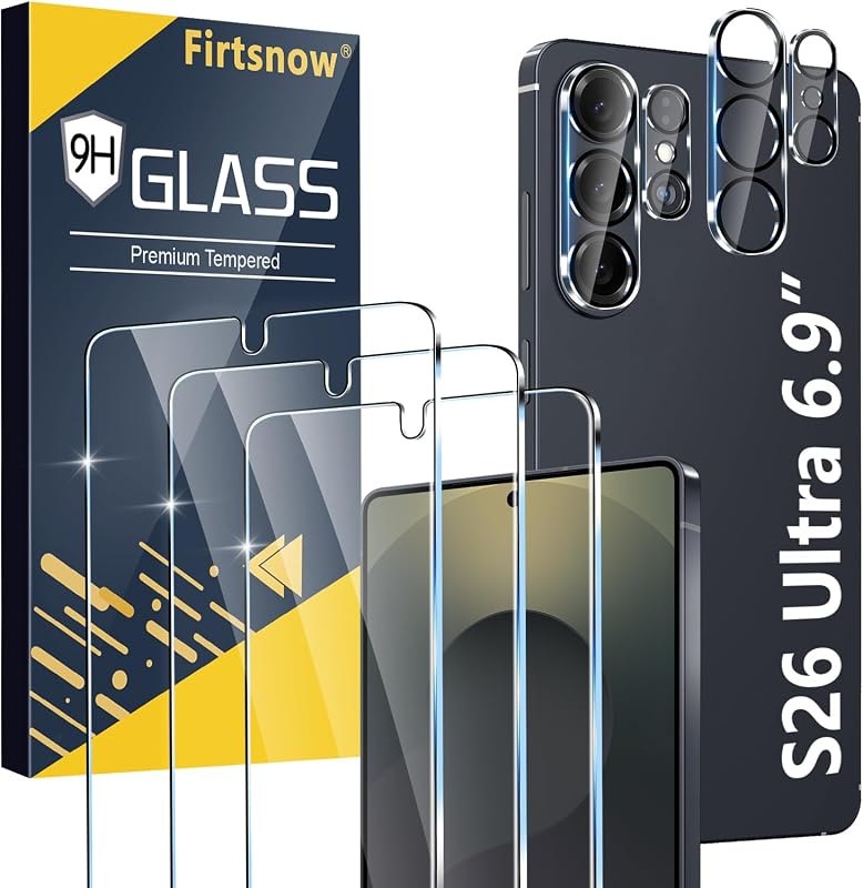 firtstnow 3 Pack for Samsung Galaxy S26 Ultra Screen Protector Tempered Glass + 3 Pack Camera Lens Protector, Military