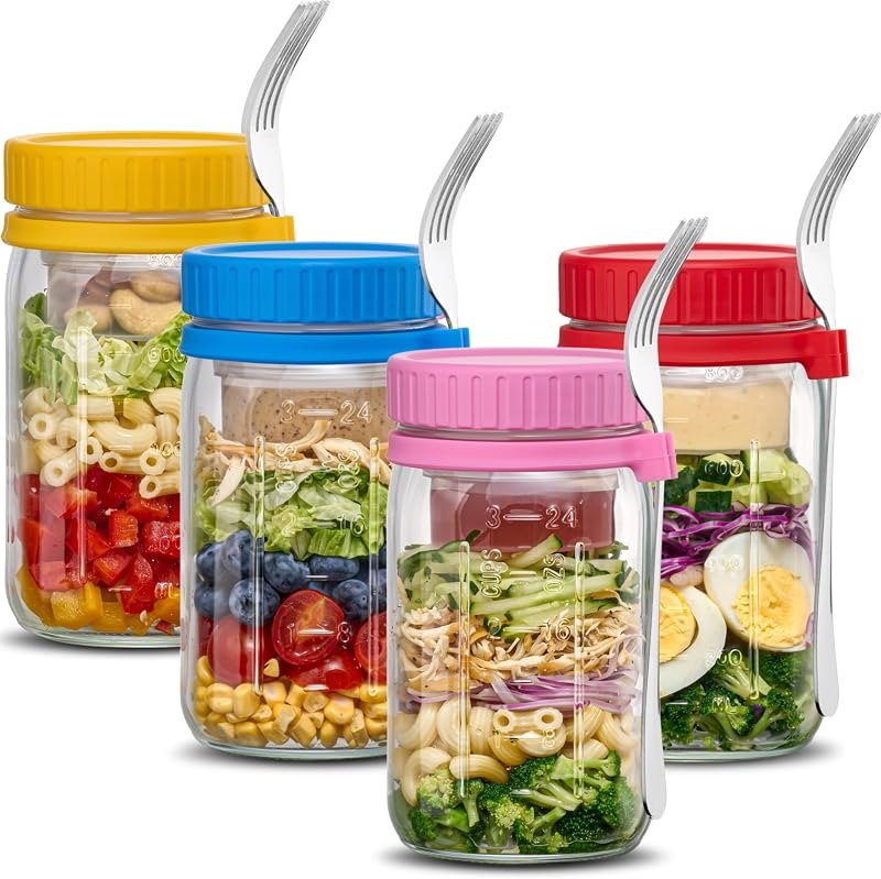 Danmu 32 oz Salad Jars with 2 Dressing Cups & Forks - Glass Mason Jar Meal Prep Containers,Wide Mouth,Leak