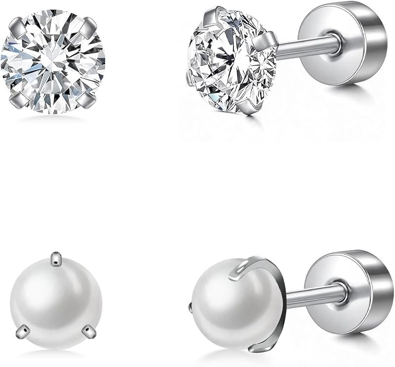 2 Pairs Titanium Screw Back Stud Earrings Set for Women — flat back pearl earrings for flat back pearl earrings
