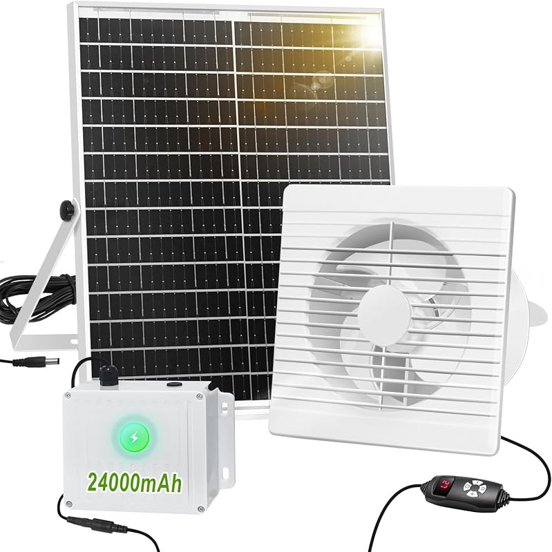 Solar Exhaust Fan with 24000mAh Battery Day & Night Work Fans, 25W 9.8" Solar Ventilation Fan for Chicken Coop with