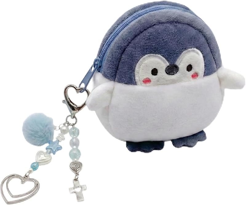 Penguin Plush Keychain Coin Purse with Blue Heart Keychain, Cute Kawaii Wallet for Women, Small Zipper Pouch for
