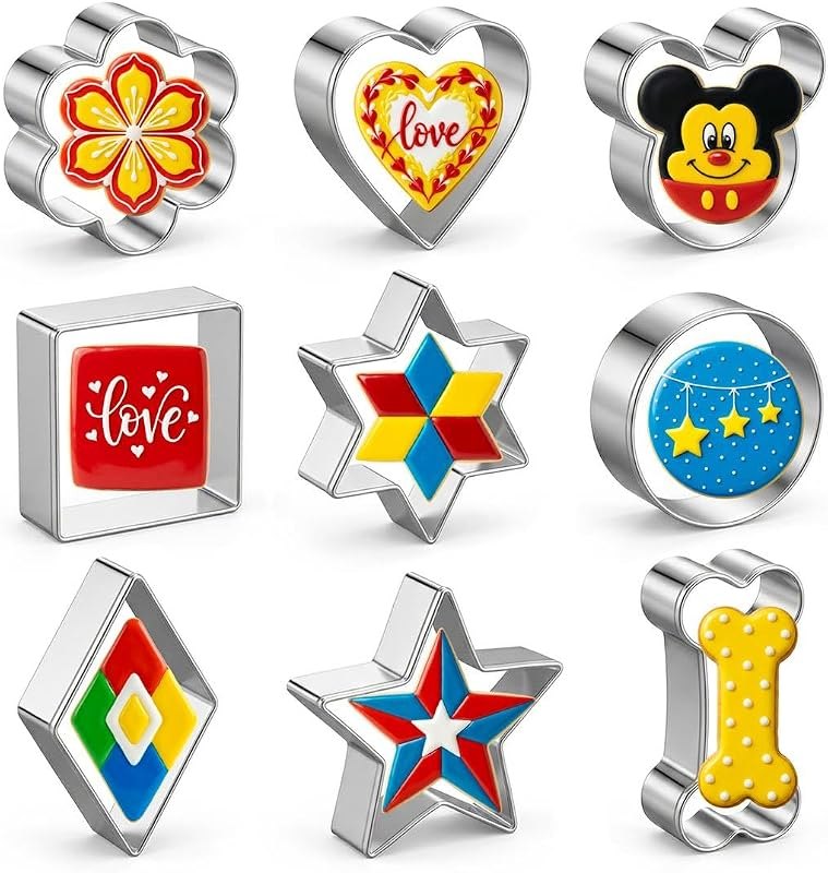 Metal Cookie Cutters Set 9Pcs - Stainless Steel Cookie Cutters includes Heart, Flower, Mouse, Round, Star, Square, Dog