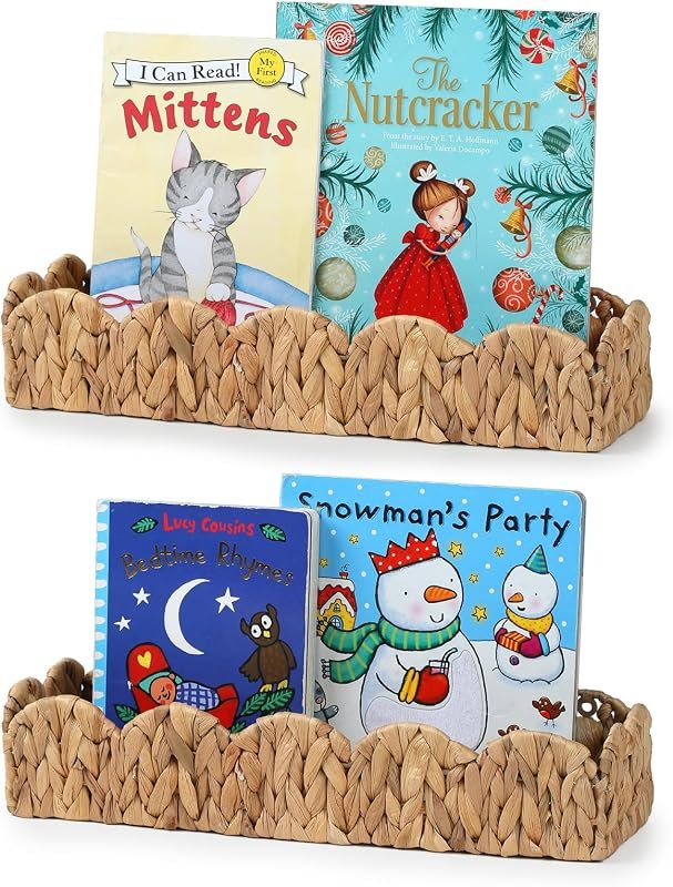 2 Pack Nursery Book Shelves, Scalloped Water Hyacinth Book Shelf for Kids Rooms, Handwoven Floating Book Shelves for