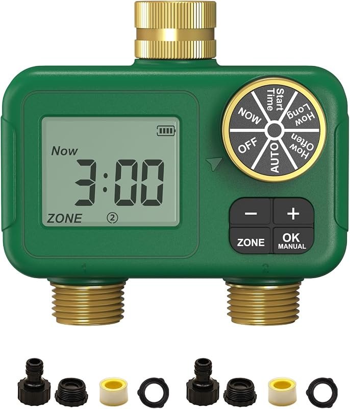 MOES 2 Zone Water Timer, Brass Fittings, Rain Delay, No Wi-Fi Required — drip irrigation timer for drip irrigation timer