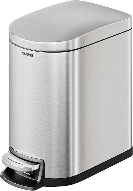 Garvee 1.6 gal / 6 L Stainless Steel Bathroom Trash Can with Lid, Slim Waterproof Garbage Can for Bedroom, Small