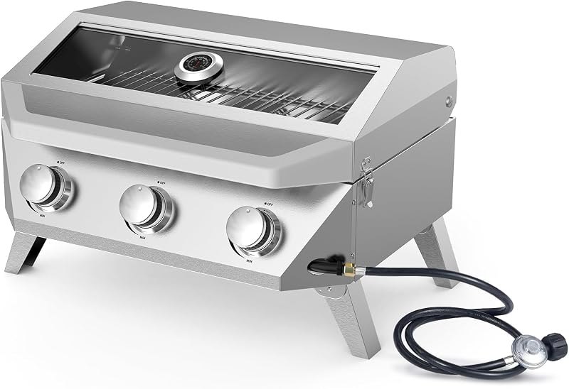 BESTFIRE 3-Burner Tabletop Gas Grill with Viewing Glass, 30,000 BTU Stainless Steel Portable Propane BBQ Grill with