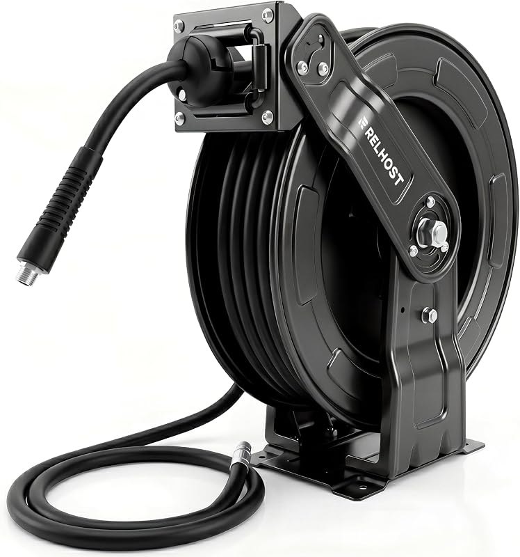 Pressure Washer Hose Reel, 65 ft x 1/4 inch Retractable Power Washer Hose Reel, Heavy Duty Steel Hose Reel with Dual