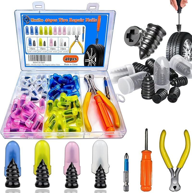 40Pcs Tire Repair Rubber Nails Kit with 4 Sizes, Vacuum Tire Repair Rubber Nail, Screw in Tire Repair Plugs, Tire