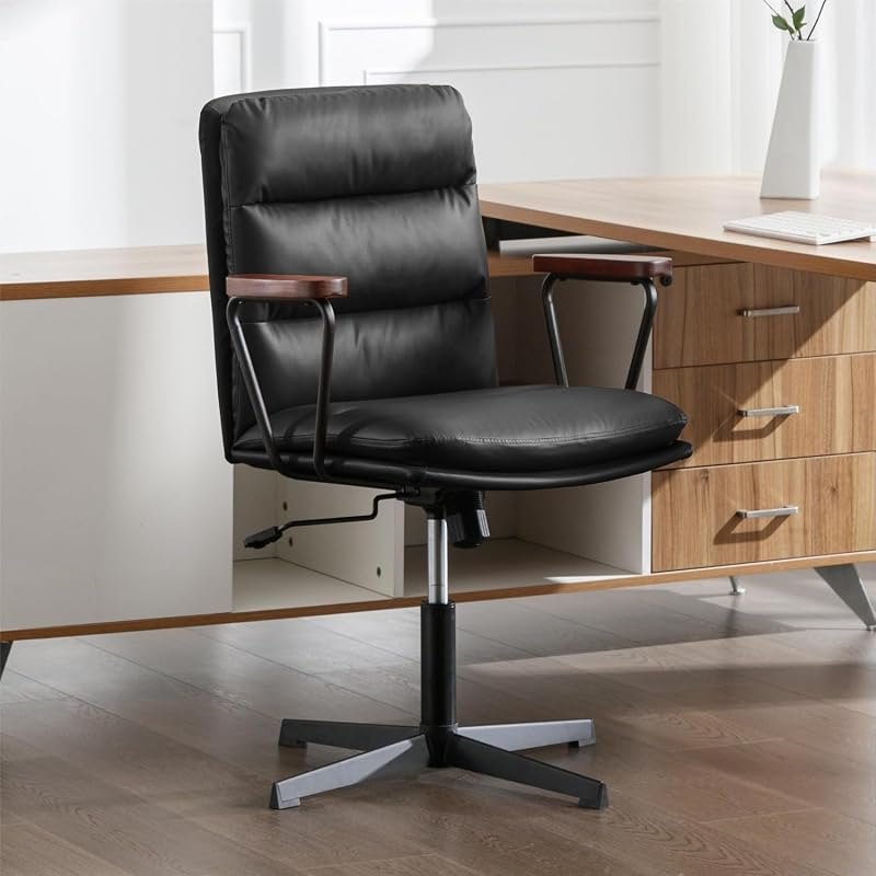 Okeysen Desk Chair No Wheels, Modern Office Chair with Wooden Armrests, PU Leather Office Chair for Home, Ergonomic