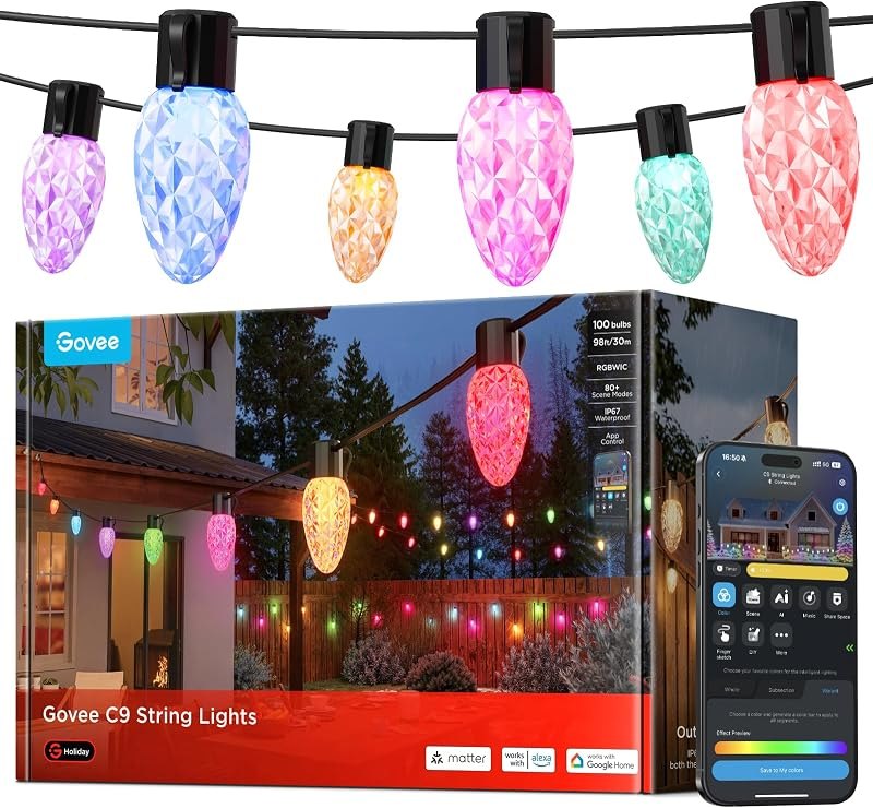 Govee C9 String Lights, Christmas Lights, 98ft (2 Combined Strings of 49ft)