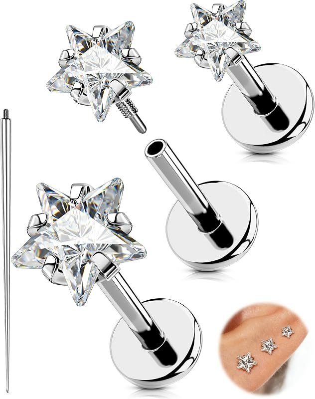 18G 6/7/8MM Flat Back Cartilage EarRings-3PCS Gold Titanium Extended Internally Threaded Lip Piercing 2/3/4MM Round