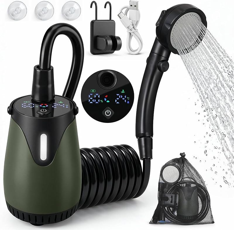 Portable Camping Shower 8000mAh Rechargeable Outdoor Shower with LED Display, IPX8 Waterproof, 4 Spray Modes, 5-Level