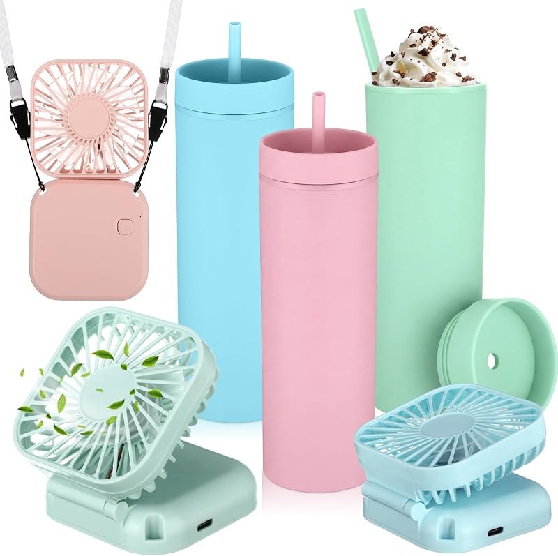 Reallnaive 6 Pcs Skinny Tumblers Bulk with Mini Portable Fan, Multicolor