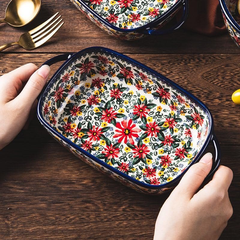 Ceramic Baking Casserole Dish with Handles,Elegant Floral Design Rectangular Lasagna Pan Bakeware for Baking Cooking