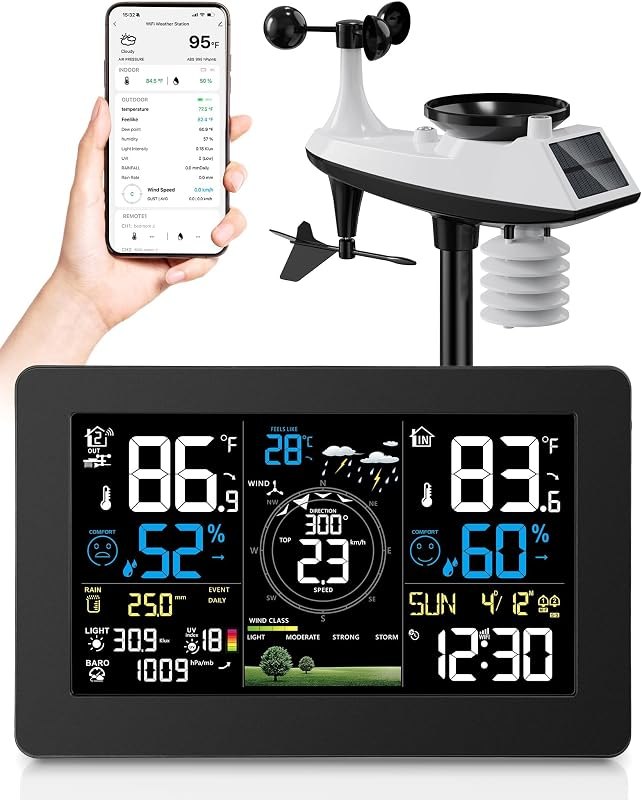 WiFi Weather Station Indoor Outdoor Thermometer Hygrometer, 7.5" HD VA Large Display, Rain Gauge & Wind Speed Monitor