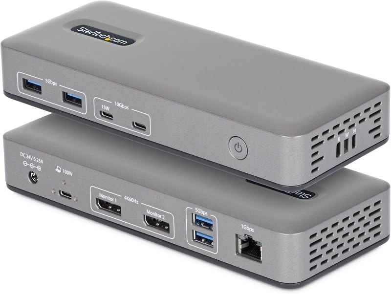 StarTech USB-C Docking Station Dual 4K 60Hz DisplayPort, 100W Power Delivery Charging, 6 USB Ports (10Gbps), Gigabit