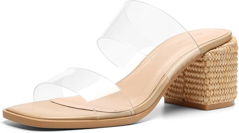 Summer Heeled Sandals for Women Two Strap Sandals Square Open Toe Slip On Mules Low Block Chunky Heels Casual Vacation