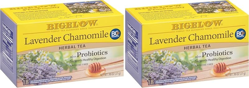 Bigelow Tea Lavender Chamomile Plus Probiotics Herbal Tea, Caffeine Free with Lavender Chamomile, 18 Count (Pack of
