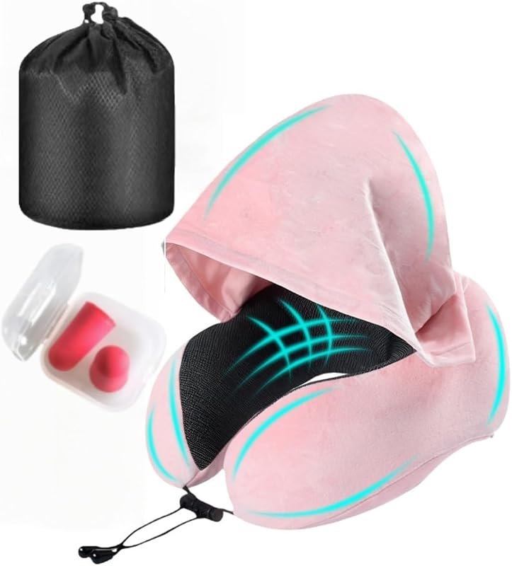 Travel Pillow with Large Hood Neck Pillow with Memory Foam Filling Hooded Travel Neck Pillow for Airplane with