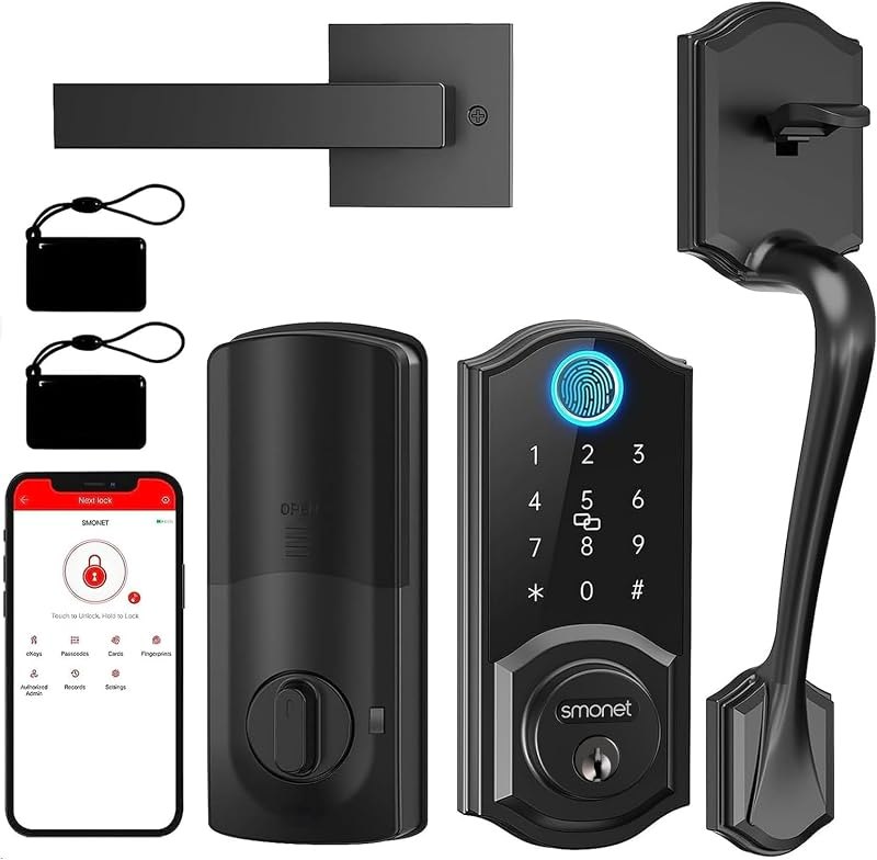 SMONET Smart Lock for Front Door, Keyless Entry Door Lock with Handle Set, Fingerprint Digital Keypad Deadbolt with