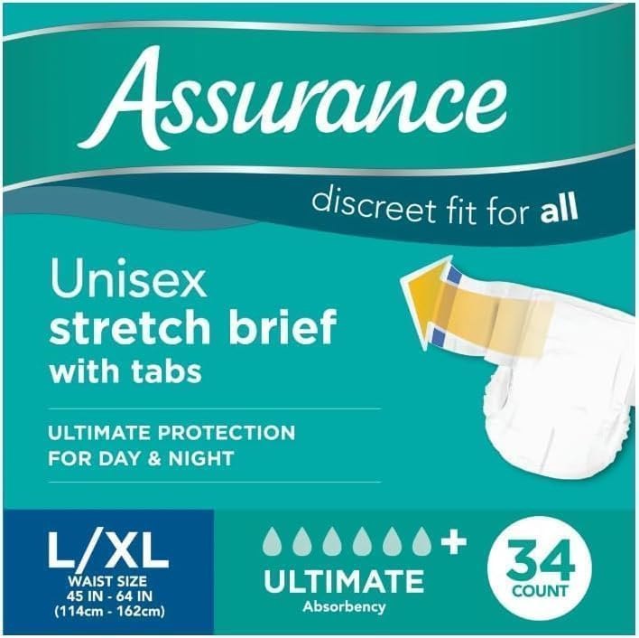 Assurance Unisex Stretch Briefs with Tabs L/XL Maximum Absorbency - (34 Count) Large Extra Large Adult Incontinence