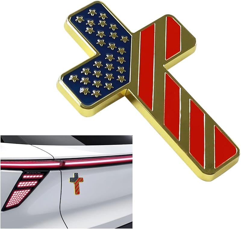 Jesus Christian Cross Car Emblem, Patriotic USA Flag 3D Metal Cross Emblem Sticker for Cars, Self-Adhesive
