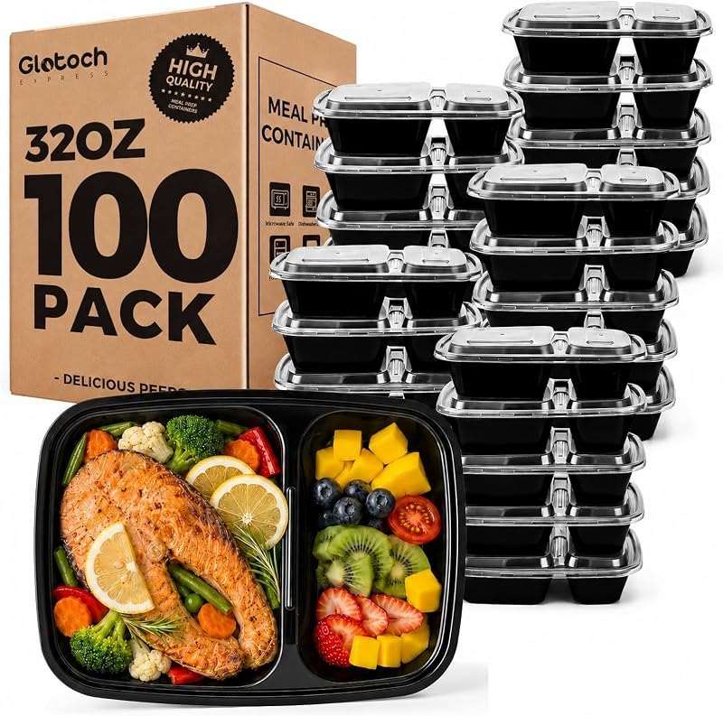 Glotoch 100 Pack(200-Piece)32oz 2-Compartment Meal Prep Containers with Lid — meal prep container lids for meal prep