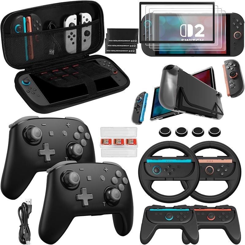Pro Controllers Accessories Bundle for Nintendo Switch 2 20-in-1: Wireless Controllers, Carrying Case, Screen